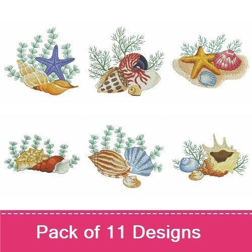 Seashells and Starfish Embroidery Designs Bundle – Purple Starfish, Scallop Shell, Sea Urchin & More (11 Designs)