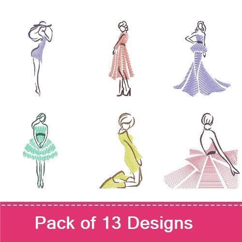 Redwork Fashion Silhouettes Embroidery Designs Bundle – Elegant Evening Gown, Stylish Woman with Hat, & More (13 Designs)