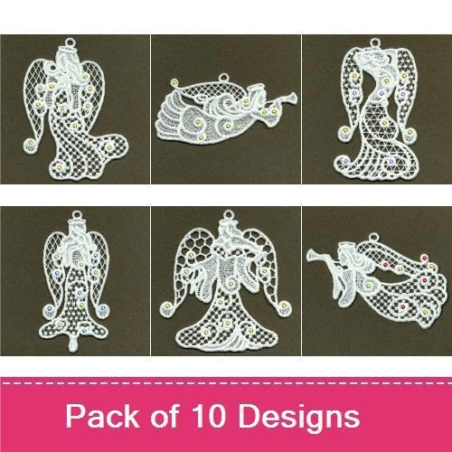 FSL Lace Angel Ornaments Embroidery Designs Bundle – Playing Trumpet, With Scroll, Praying Angel & More (10 Designs)