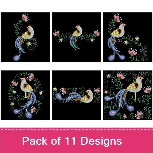 Bird and Floral Embroidery Bundle – Elegant Bird with Flowers, Colorful Bird on Floral Vine, & More (11 Designs)