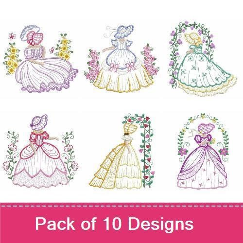 Redwork Victorian Ladies Embroidery Designs Bundle – Lady with Flowers, Lady in Blue Dress, & More (10 Designs)