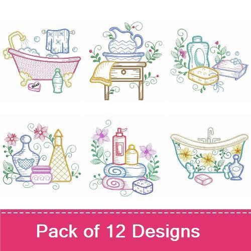 Redwork Vintage Bathroom Embroidery Designs Bundle – Bathtub with Bubbles, Towel Rack with Towels, & More (12 Designs)