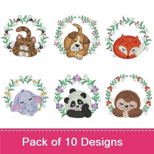 Sleepy Woodland Animals Embroidery Bundle – Cat, Dog, Fox & Bear (10 Designs)