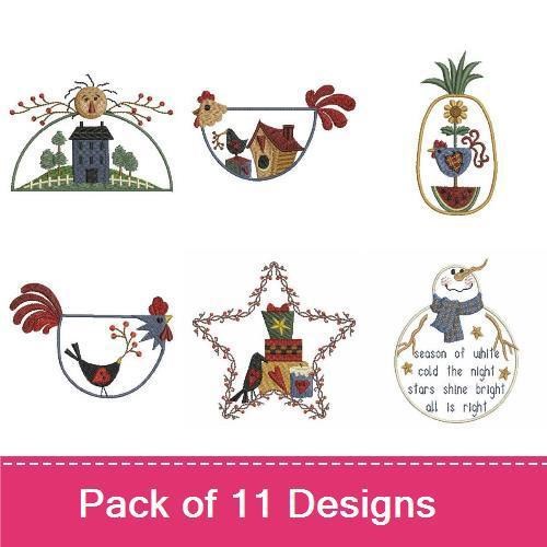 Country-themed Embroidery Designs Bundle – Country House in Heart, Rooster with Flowers, Chick in Egg & More (11 Designs)