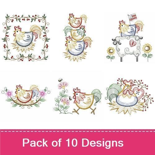 Rippled Country Rooster Embroidery Designs Bundle – Rooster in Bowl, Rooster with Flowers, Chickens in Basket & More (10 Designs)