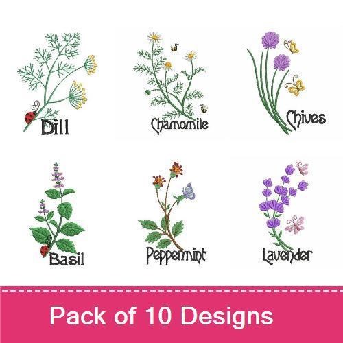 Herbal Garden Embroidery Designs Bundle – Rosemary, Dill, Chamomile, Lavender & More (10 Designs)