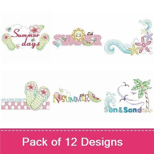 Cheerful Summer Embroidery Designs Bundle – Summer Title with Sun and Ladybug, Sun with Ice Cream, Beach Ball Design & More (12 Designs)
