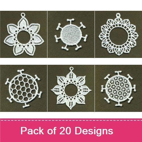 FSL Lace Motifs Embroidery Designs Bundle – Lace Flower, Ornate Circle, Decorative Star & More (20 Designs)
