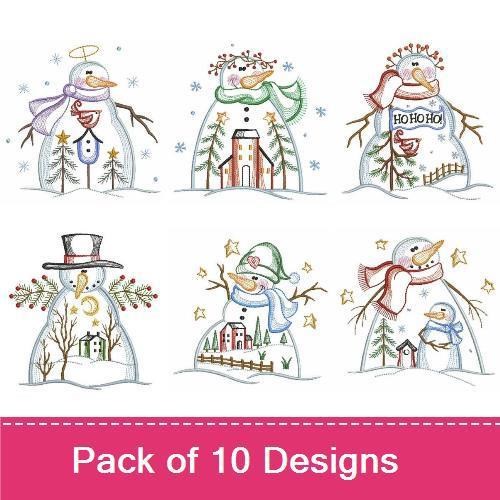 Rippled Whimsical Snowman Embroidery Designs Bundle – Snowman with Angel Halo, Tree and Stars, Gift & More (10 Designs)