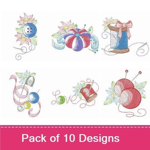 Rippled Sewing and Craft Essentials Embroidery Bundle – Pin Cushion with Flowers, Spool of Thread & More (10 Designs)