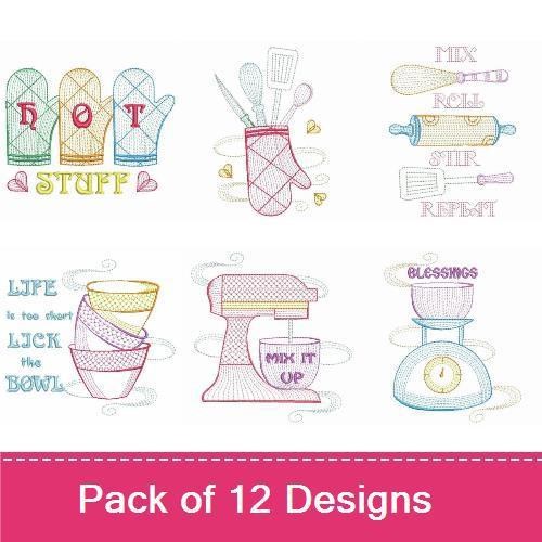 Kitchen Utensils & Cupcake Embroidery Designs Bundle – Hot Stuff Oven Mitts, Just Roll With It, & More (12 Designs)