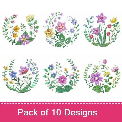 Floral Embroidery Designs Bundle – Purple Flower Arrangement, Yellow Butterfly with Flowers, & More (10 Designs)