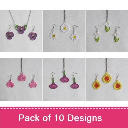FSL Floral Jewelry Embroidery Designs Bundle – Purple Floral Charm, Pink Floral Charm, Green Leaf Charm & More (10 Designs)