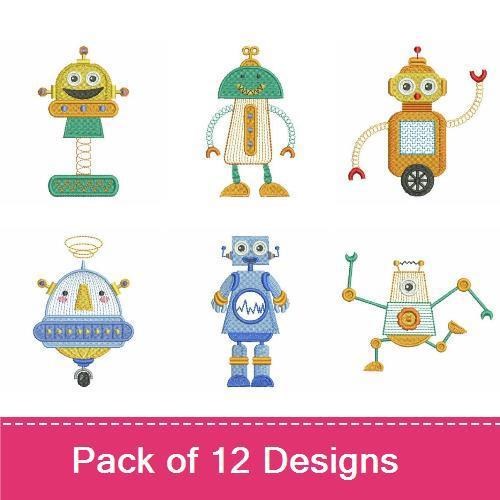 Cute Robot Embroidery Designs Bundle – Smiling Robot, Rocket Robot, Wavy Robot & More (12 Designs)