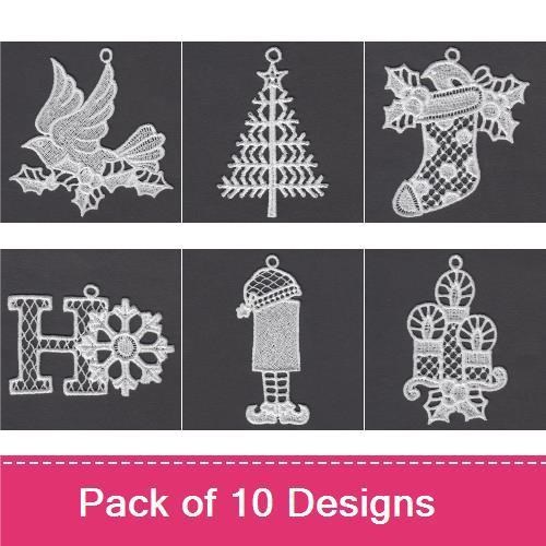 FSL Vintage Christmas Ornaments Embroidery Designs Bundle – Bird, Tree, Stocking & More (10 Designs)