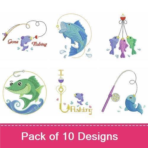 Fishing-themed Embroidery Bundle – Happy Fish, Gone Fishing, Fish with Hook & More (10 Designs)