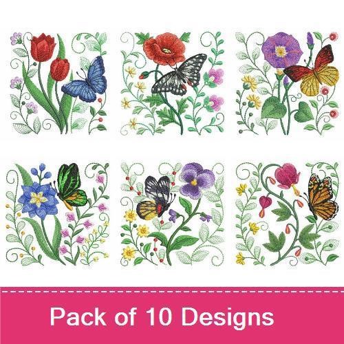 Butterfly & Flower Embroidery Designs Bundle – Swallowtail with Flowers, Purple Butterfly, Tulip Bouquet & More (10 Designs)