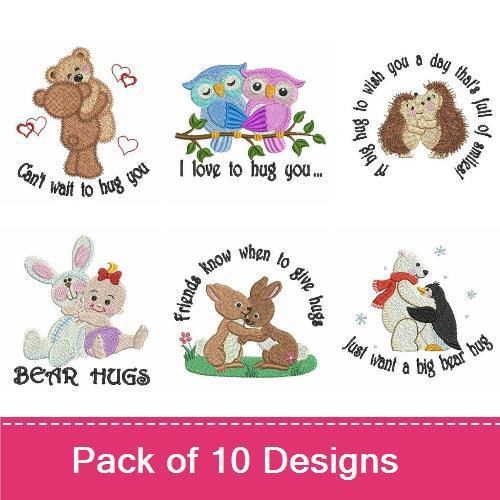 Cute Animal Hugs Embroidery Designs Bundle – Hugging Bear, Hugging Owls, Hugging Dog & More (10 Designs)