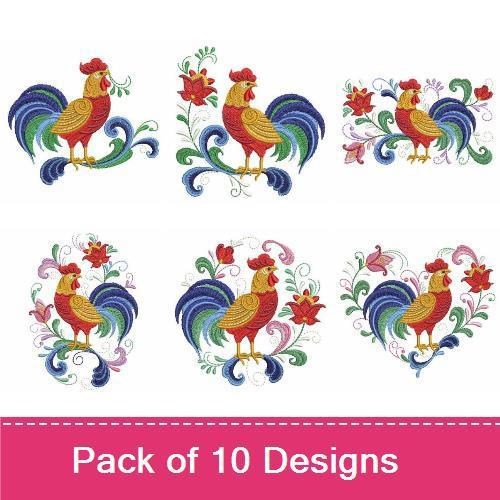 Colorful Rooster Embroidery Bundle – Rooster with Flowers, Rooster with Floral Swirls, Floral Heart Rooster & More (10 Designs)
