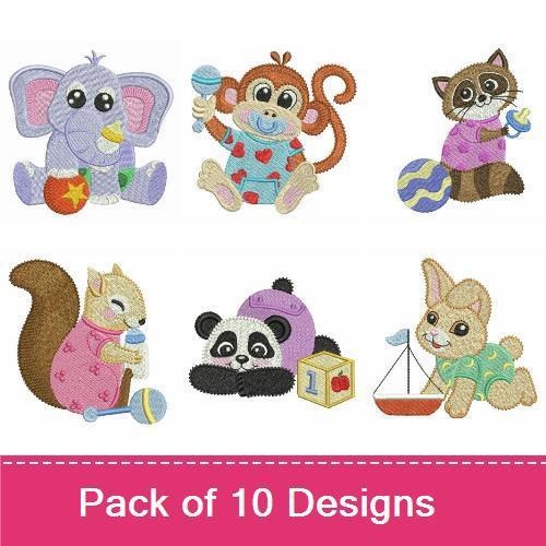 Adorable Baby Animals Embroidery Designs Bundle – Monkey with Lollipop, Elephant with Ball, Raccoon with Egg & More (10 Designs)