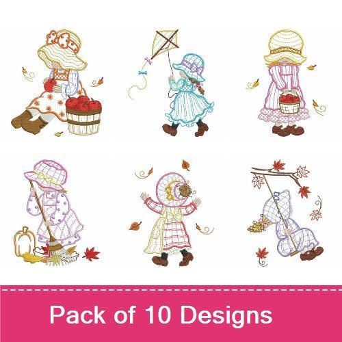 Autumn Sunbonnet Girls Embroidery Designs Bundle – Harvesting, Raking Leaves, Picking Apples & More (10 Designs)