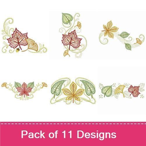 Autumn Leaves Embroidery Designs Bundle – Autumn Greetings, Maple Leaf, Green Leaf & More (11 Designs)