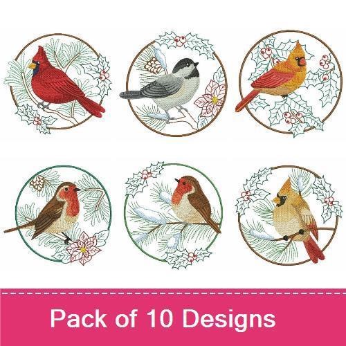 Winter Birds Embroidery Designs Bundle – Cardinal, Blue Jay, Chickadee & More (10 Designs)