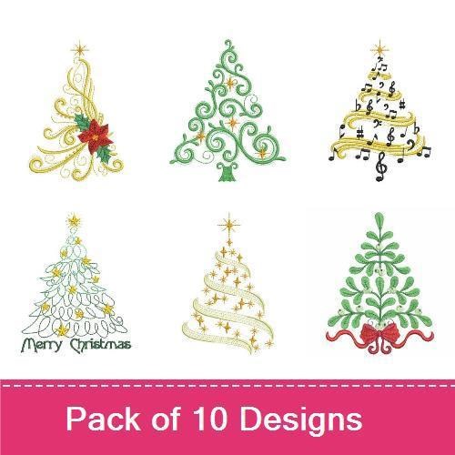 Christmas Tree Embroidery Designs Bundle – Swirl Tree with Star, Bejeweled Tree, Floral Swirl Tree & More (10 Designs)