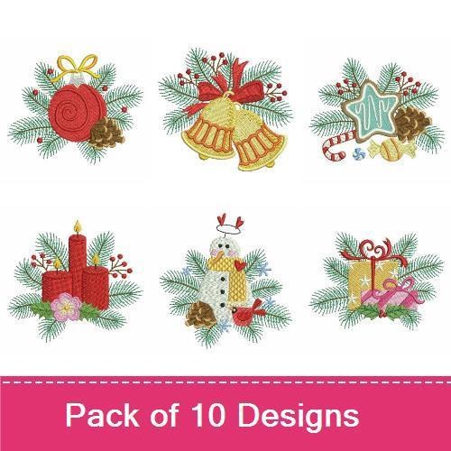 Christmas Ornament & Bells Embroidery Designs Bundle – Candy Cane, Star Cookie, Red Candle & More (10 Designs)
