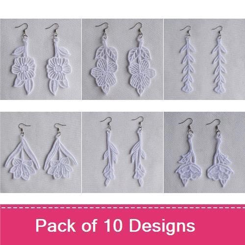 FSL Floral Earrings Embroidery Designs Bundle – Floral Lace, Leaf Lace, Dangling Flower & More (10 Designs)