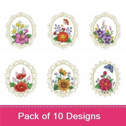 Floral Oval Frames Embroidery Designs Bundle – Pink, Blue, Yellow, Red & More (10 Designs)
