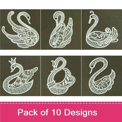 FSL Lace Swan Embroidery Bundle – Swan with Crown, Ornamental Swan, Elegant Lace Swan & More (10 Designs)