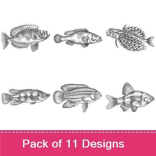 Vintage Fish Embroidery Bundle – Fish Illustration with Spines, Spotted Fish, Ornate Fish & More (11 Designs)