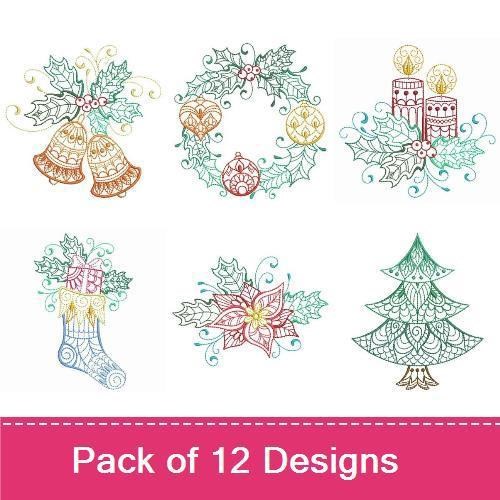 Redwork Christmas Embroidery Designs Bundle – Christmas Tree, Bells, Wreath & More (12 Designs)