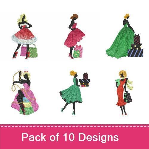 Fashion Ladies Embroidery Designs Bundle – Elegant Red, Green & Pink Dresses, Shopping Bags & More (10 Designs)