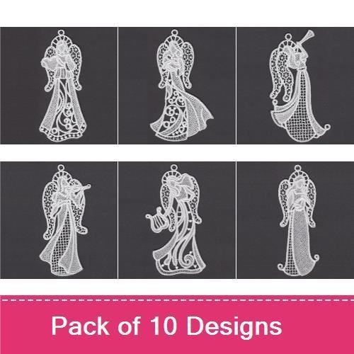 FSL Elegant White Angel Ornaments Embroidery Bundle – Angel with Star, Flowing Gown, Heart & More (10 Designs)