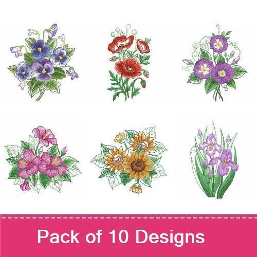 Floral Embroidery Designs Bundle – Red Roses Bouquet, Tulip Arrangement, Violet Bunch & More (10 Designs)
