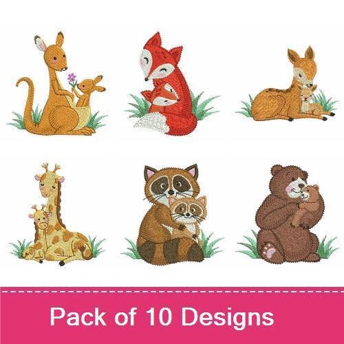 Animal Mothers and Babies Embroidery Designs Bundle – Mother Elephant with Baby, Kangaroo with Joey, Fox with Kits & More (10 Designs)