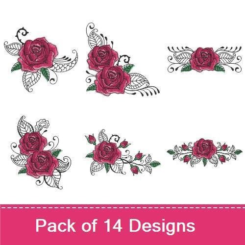 Elegant Roses Embroidery Designs Bundle – Rose Bouquet, Single Rose, Rose with Leaves & More (14 Designs)