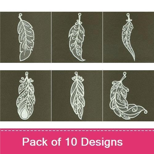 FSL Elegant Feather Embroidery Designs Bundle – Ornate Feather, Detailed Feather, Lace Feather & More (10 Designs)