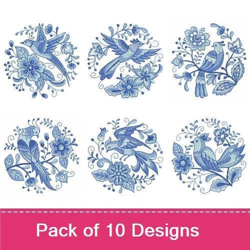 Bluebird & Floral Embroidery Designs Bundle – Bluebird with Flowers, Floral Bouquet with Bluebird & More (10 Designs)