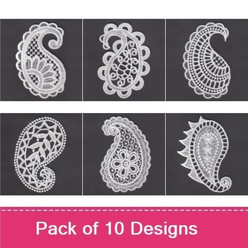 FSL Paisley Lace Embroidery Bundle – Paisley Lace with Flower, Ornate Paisley Lace, Floral Paisley Lace & More (10 Designs)