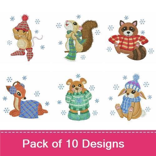 Cozy Winter Animals Embroidery Designs Bundle – Fox in Scarf, Squirrel with Hat, Raccoon in Jumper & More (10 Designs)