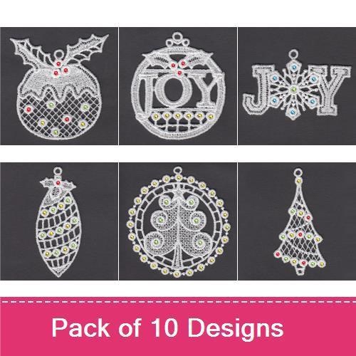 FSL Vintage White Christmas Ornaments Embroidery Designs Bundle – Joy Ornament, Lace Tree, Snowflake & More (10 Designs)