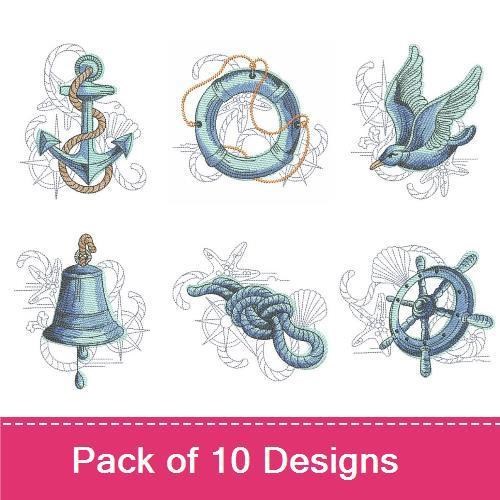 Nautical Embroidery Designs Bundle – Anchor, Lifebuoy, Sailboat & More (10 Designs)