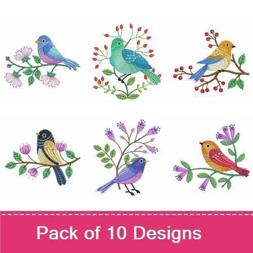 Colorful Birds Embroidery Designs Bundle – Blue Bird, Yellow Bird, Red Bird & More (10 Designs)