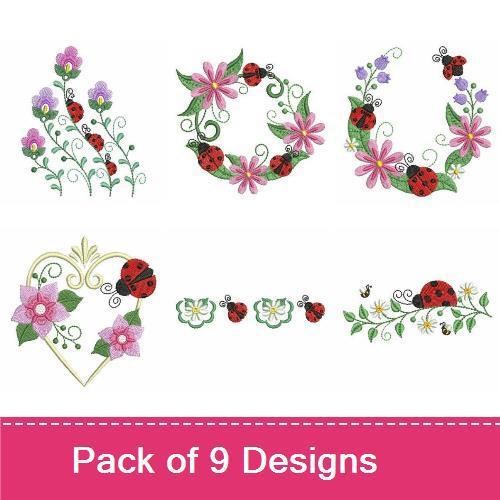 Ladybug & Floral Embroidery Designs Bundle – Ladybug Floral Wreath, Flower with Ladybug, Floral Bouquet & More (9 Designs)