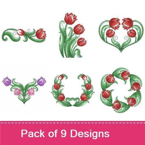 Tulip Floral Embroidery Designs Bundle – Red Tulip Bouquet, Heart with Tulips, Tulips in a Vase & More (9 Designs)