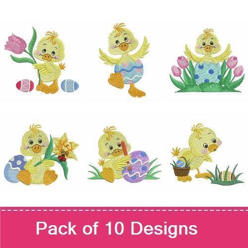 Duckling Easter Embroidery Designs Bundle – Duckling in Egg with Flowers, Duckling with Tulips, & More (10 Designs)