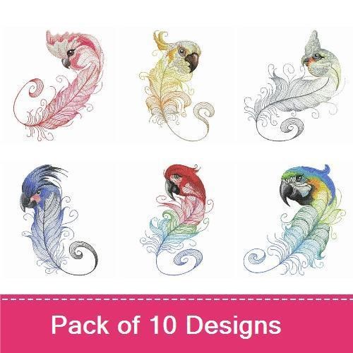 Rippled Elegant Parrot Feathers Embroidery Designs Bundle – Blue, Green, Red, Yellow & More (10 Designs)